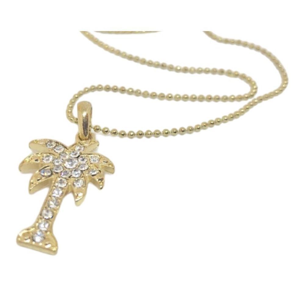 Brand New Womens Palm Tree Rhinestone Necklace on Ball Station Chain in Gold